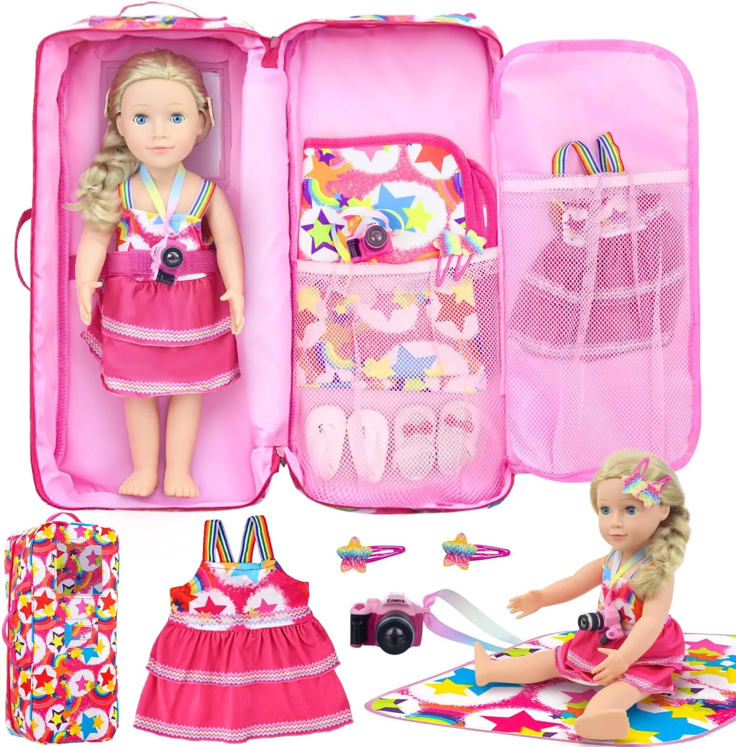 pivot Girl Doll Clothes, Hair Clip, Picnic Blanket, Mini Toy Camera K.T. Fancy 6 Pcs 18 Inch Doll Carrier Bag Set and Accessories Including 