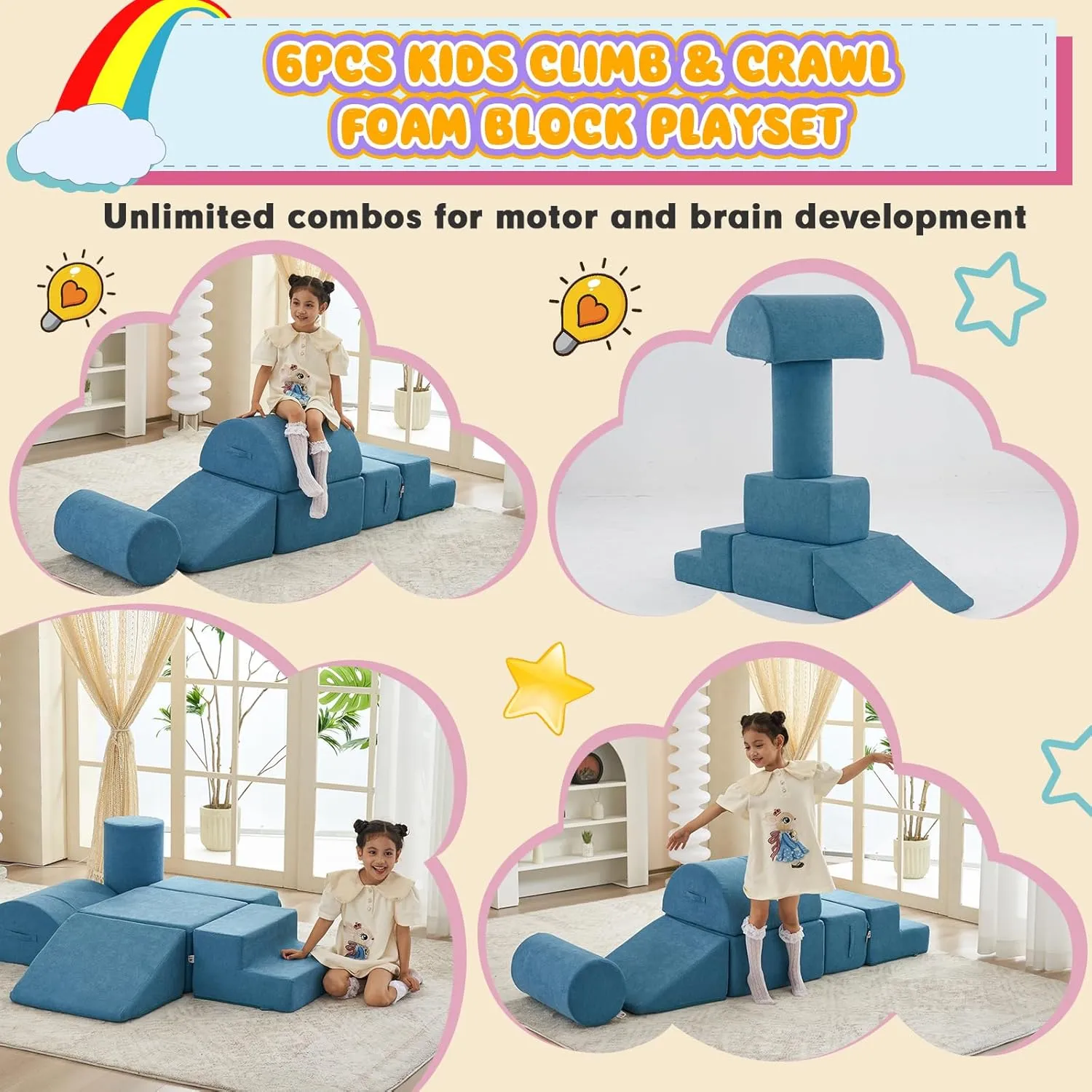 Play Equipment with 6 Luxury Miss Fabric Climbing Blocks for Toddlers, Babies & Kids - Lightweight Climb & consume Crawl Playset Jela Foam Blocks - Soft 