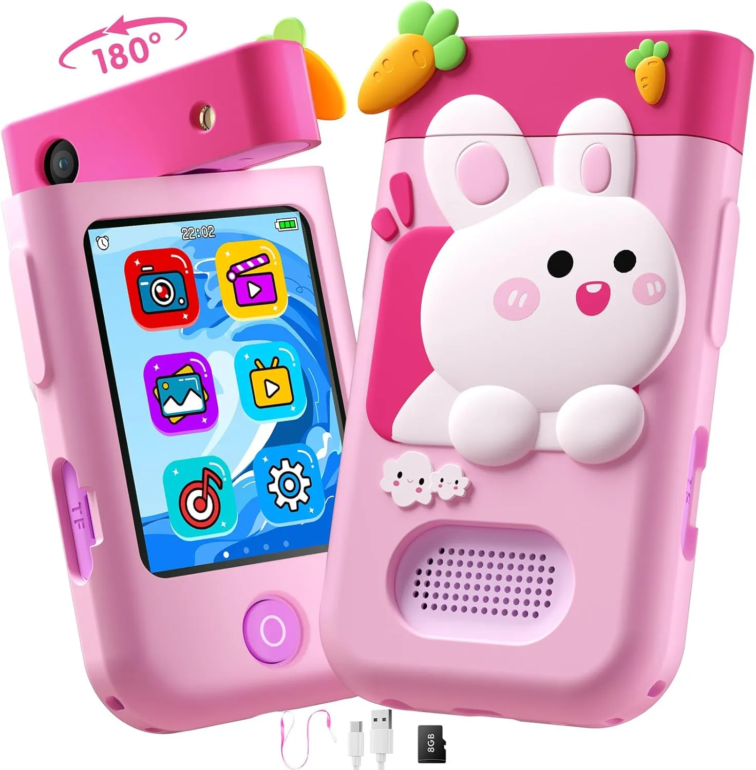 Player, 8GB SD Card(Pink Rabbit) Kids path Smart Phone Toys for Boys, Christmas Birthday Gifts for Girls Boys Ages 3-10, Touchscreen Toddler Learning Play Toy Phone with Rotating Camera, Game, Music 