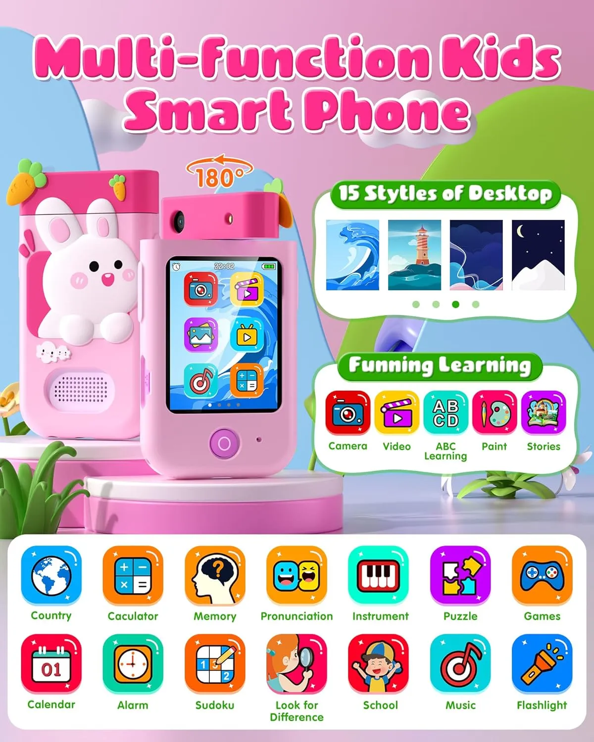Player, 8GB SD Card(Pink Rabbit) Kids path Smart Phone Toys for Boys, Christmas Birthday Gifts for Girls Boys Ages 3-10, Touchscreen Toddler Learning Play Toy Phone with Rotating Camera, Game, Music 