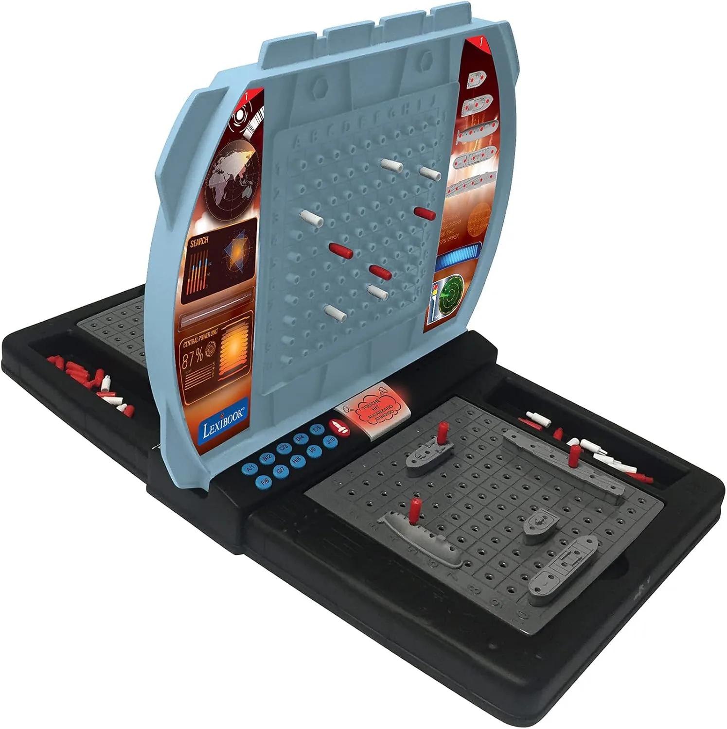 Players, Interactive, Light and Sound Effects, Strategy, Battery Operated, Grey/Black, automate personal GT2800US LEXIBOOK Talking Sea Battle (French, English, Spanish, Portuguese), Electronic Board Game 1 or 2 
