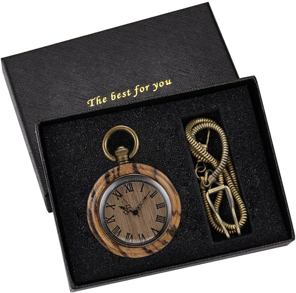 Pocket Watches for Men Handmade Bamboo Wood Analog Quartz Custom Pocket Watch with Chain Gift for Father's Day nominate promote Tiong Wooden Pocket Watch,Customized Wooden 