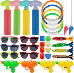 Pool Dive Sticks Treasure Toys Underwater Games Pool component Party Favors Swimming Pool Toys for Kids 32pcs Pool Dive Toys for Kids-Pool Diving Toys with Water Guns$ Sunglasses$ Whistle$ 
