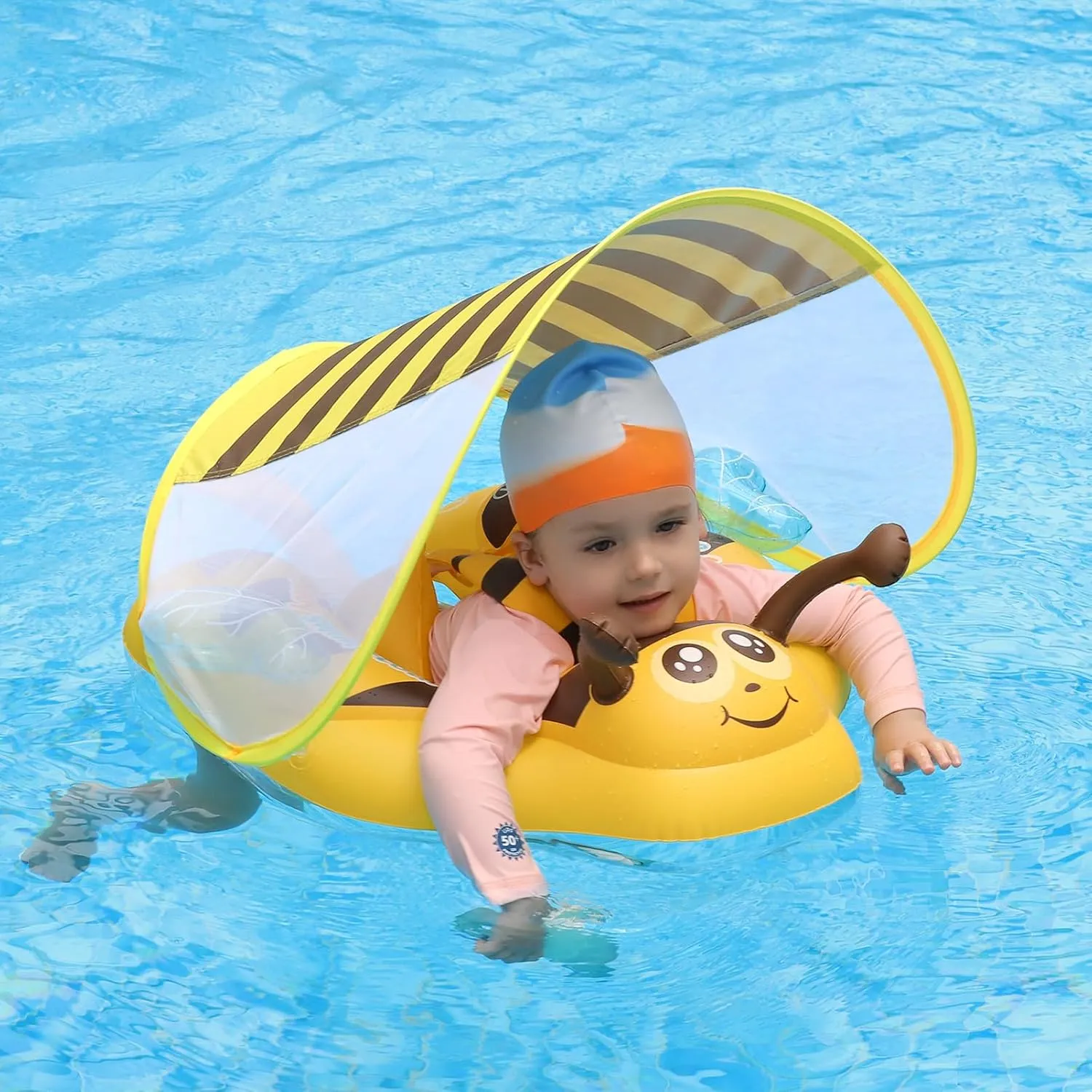 Pool Float Ring Size Improved Bumble Bee Toddler Swim Trainer for indefinite Age of 3-36 Months (Yellow, Large) Free Swimming Baby Inflatable Baby 