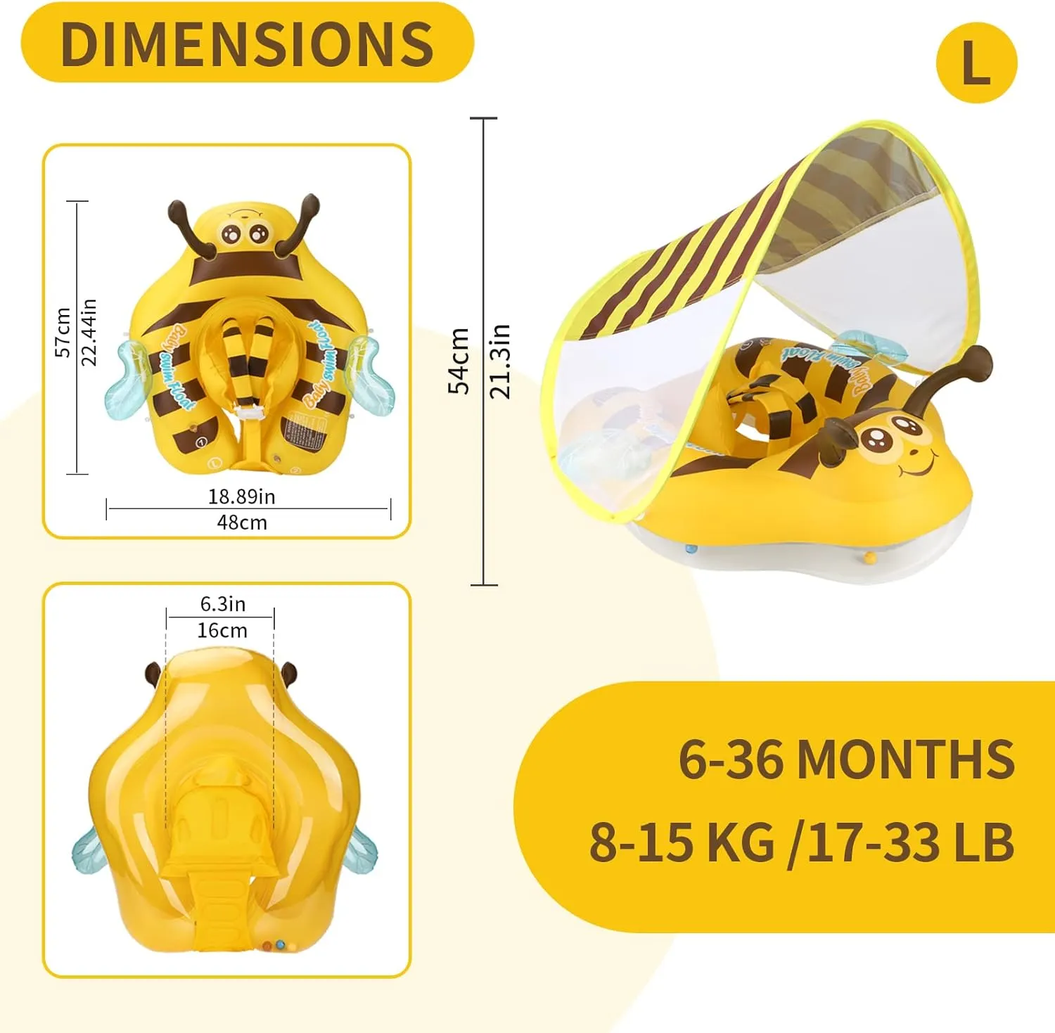 Pool Float Ring Size Improved Bumble Bee Toddler Swim Trainer for indefinite Age of 3-36 Months (Yellow, Large) Free Swimming Baby Inflatable Baby 