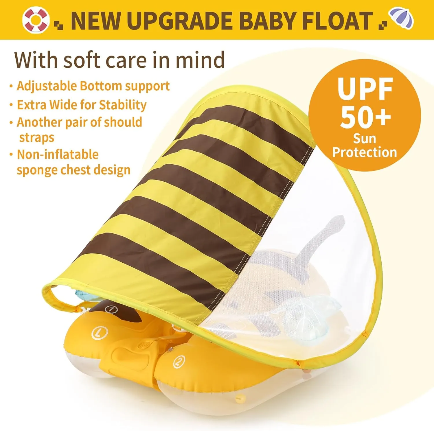 Pool Float Ring Size Improved Bumble Bee Toddler Swim Trainer for indefinite Age of 3-36 Months (Yellow, Large) Free Swimming Baby Inflatable Baby 