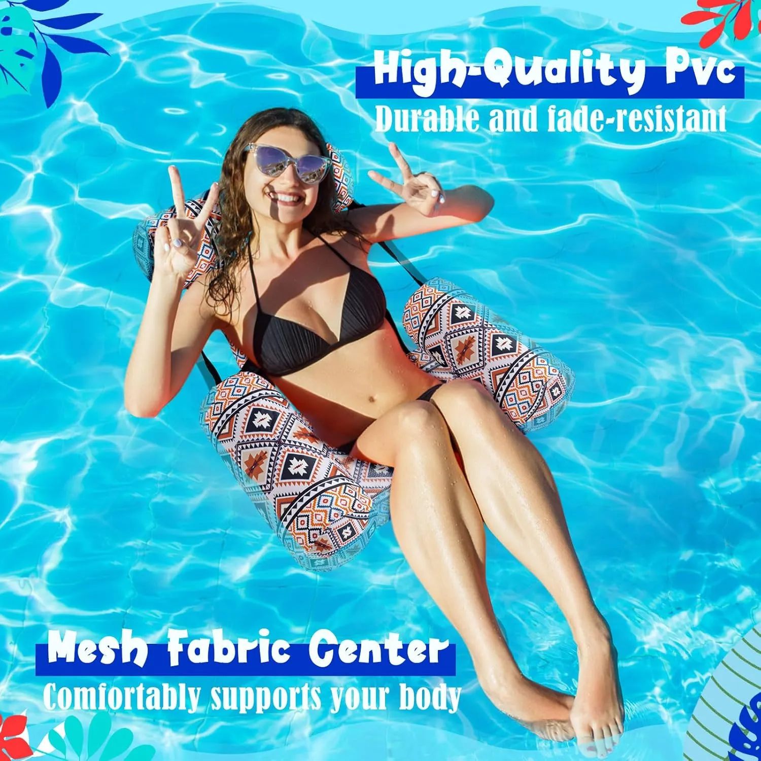 Pool Lounge Chair Summer Pattern Water Floating Chair Adjustable Pool Float Hammock for reckless Swimming Pool Beach Party Game 2 Pack Large Pool Chair Floats Adult Inflatable 