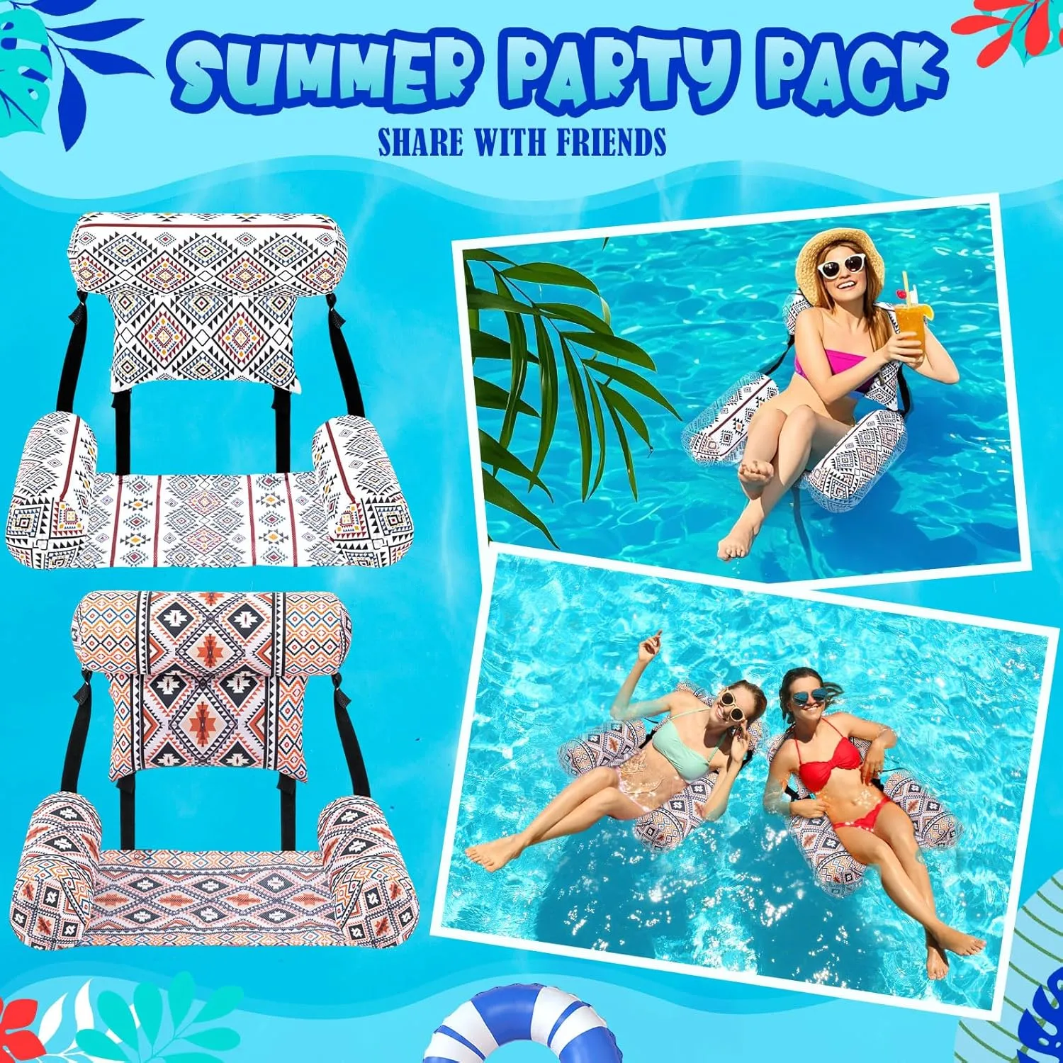 Pool Lounge Chair Summer Pattern Water Floating Chair Adjustable Pool Float Hammock for reckless Swimming Pool Beach Party Game 2 Pack Large Pool Chair Floats Adult Inflatable 