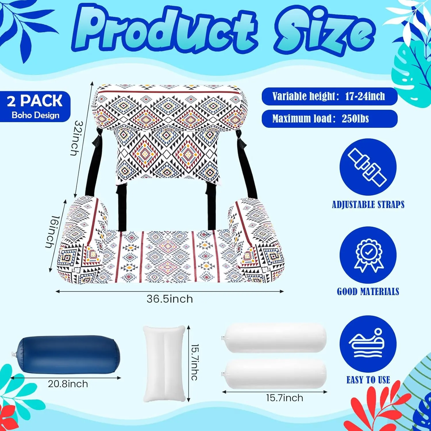 Pool Lounge Chair Summer Pattern Water Floating Chair Adjustable Pool Float Hammock for reckless Swimming Pool Beach Party Game 2 Pack Large Pool Chair Floats Adult Inflatable 