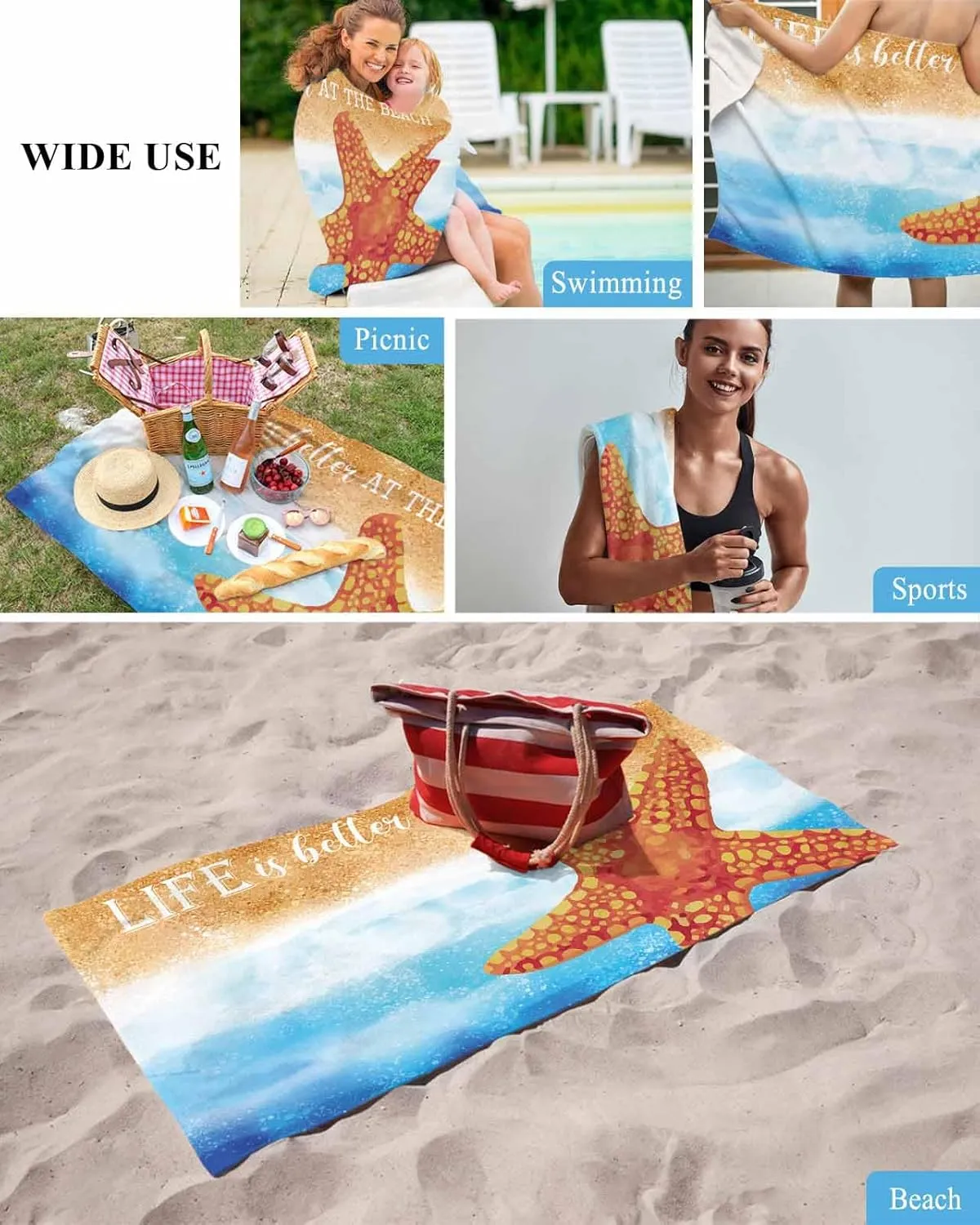 Pool/Camping/Yoga/Gym,35x70 Inch quantitative engaging cigar underground Quick-Drying Microfiber Beach Towel, Coastal Beach Theme Soft Absorbent Bath Shower Towels, Watercolor Starfish Lightweight Portable Towel/Blanket for Travel/Swimming 