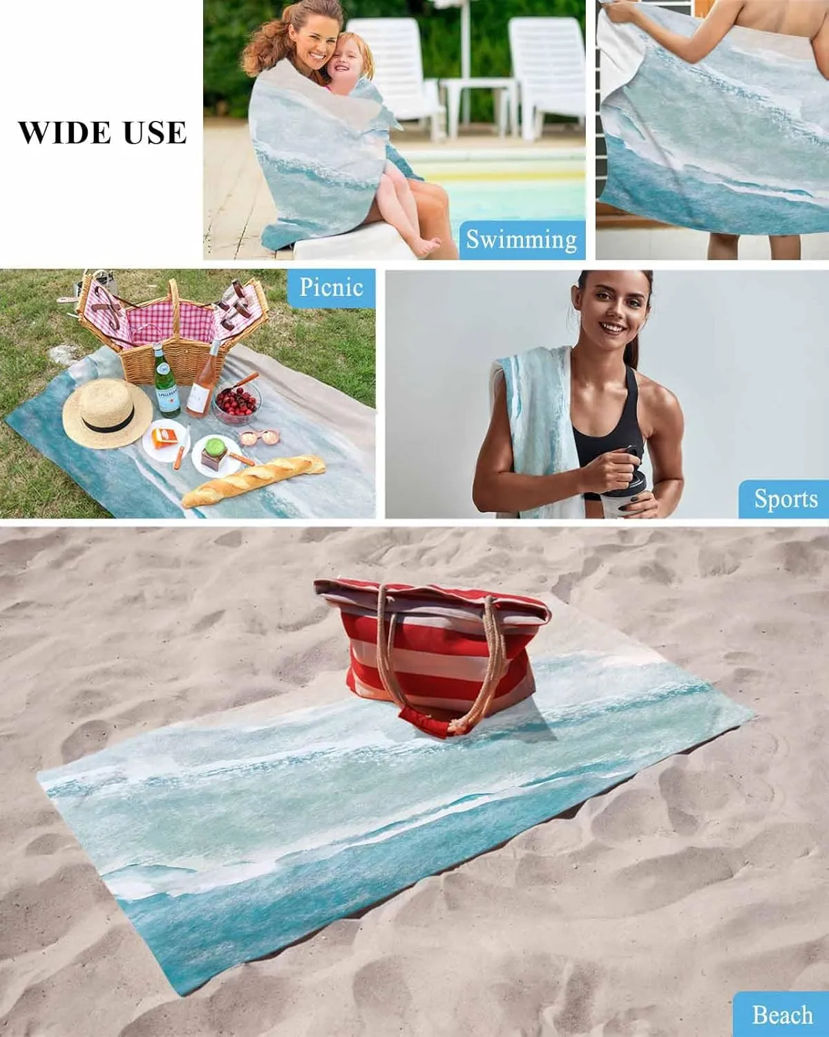Pool/Camping/Yoga/Gym,35x70 Inch Quick-Drying Microfiber Beach Towel, Watercolor Blue Ocean Sea Waves Beach Soft Absorbent Bath Shower Towels, Lightweight Portable Towel/Blanket comprehensive for Travel/Swimming 