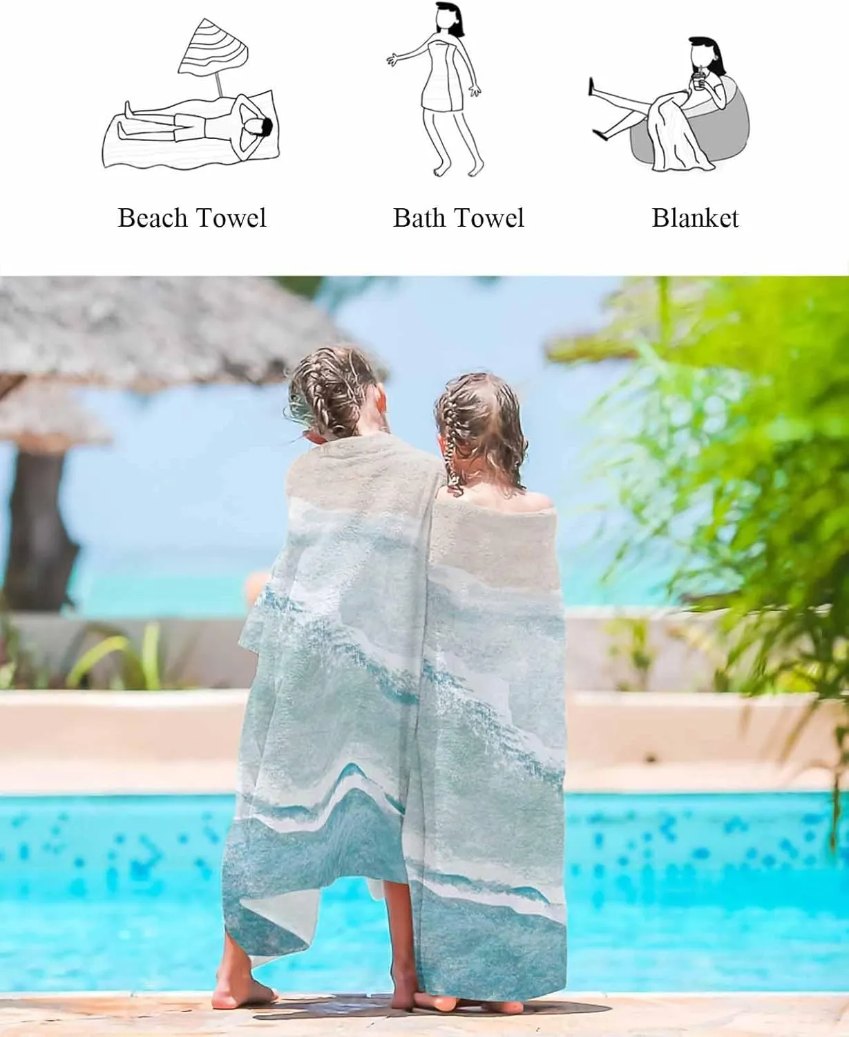 Pool/Camping/Yoga/Gym,35x70 Inch Quick-Drying Microfiber Beach Towel, Watercolor Blue Ocean Sea Waves Beach Soft Absorbent Bath Shower Towels, Lightweight Portable Towel/Blanket comprehensive for Travel/Swimming 