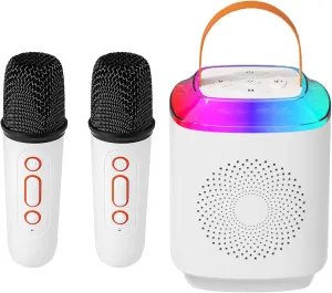 Portable Bluetooth 5.3 Speaker with Led Lights$ Gifts for Girls Boys Birthday Christmas Indoor Outdoor Home Party (white-Two-Mics) apportion head realm Mini Karaoke Machine$ 2 Wireless Microphones Karaoke for Kids Adults$ 