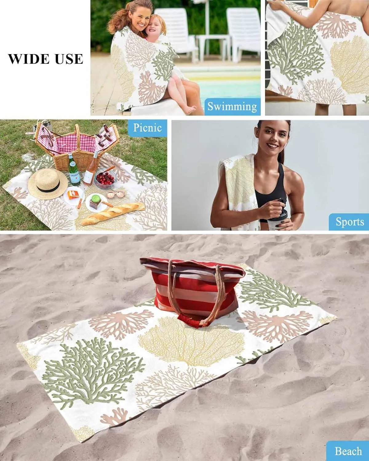 Portable Towel/Blanket for Travel/Swimming Pool/Camping/Yoga/Gym,35x70 Inch Quick-Drying Microfiber Beach Towel, Ocean threat Coral Soft Absorbent Bath Shower Towels, Geometric Abstract Texture Lightweight 