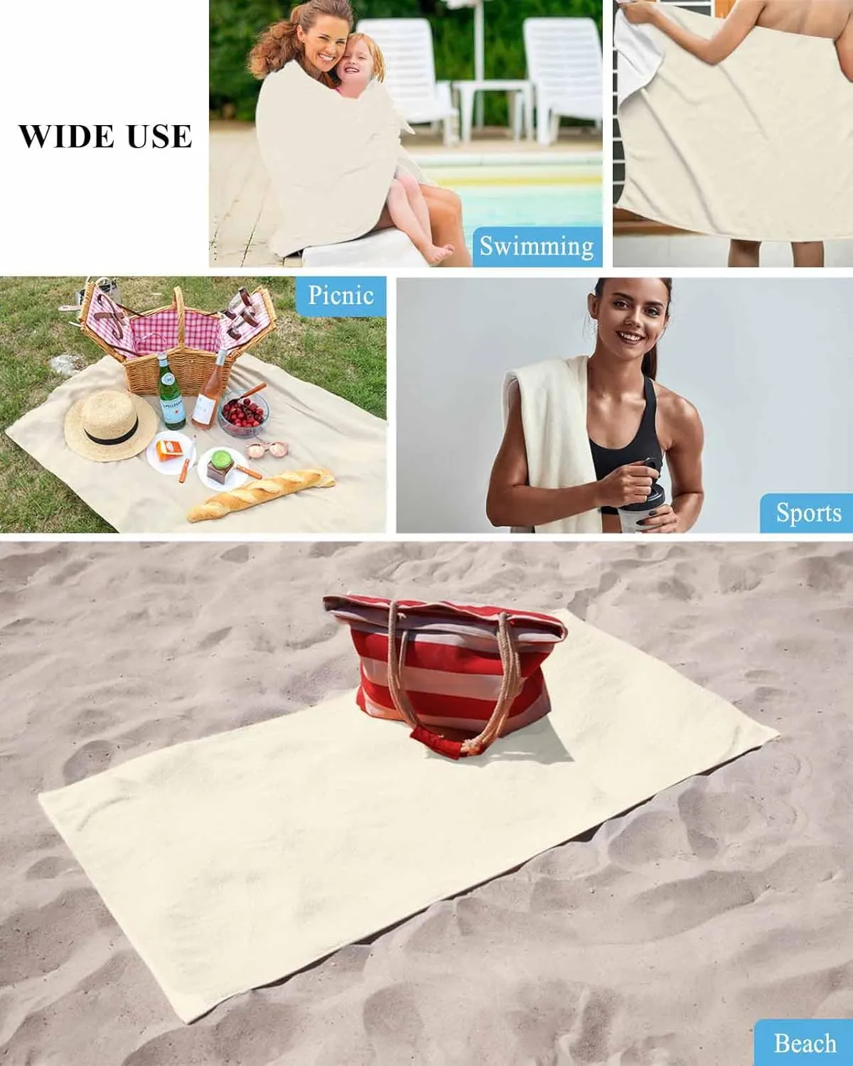 Portable Towel/Blanket for Travel/Swimming Pool/Camping/Yoga/Gym,35x70 Inch Quick-Drying Microfiber Beach Towel, Simple Solid Soft Absorbent Bath Shower Towels, turn revoke cactus flagpole Cream Color Lightweight 