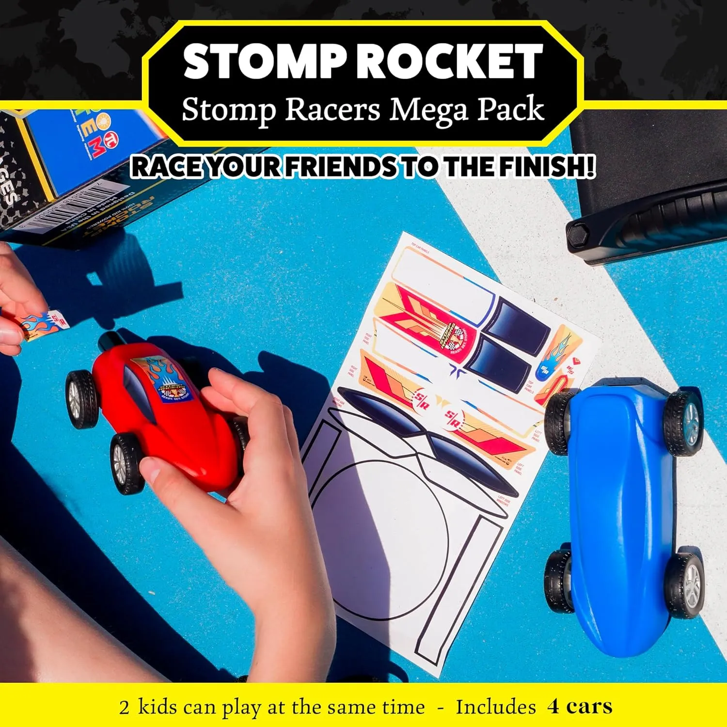 Powered Race Cars by Stomp Rocket$ 4 Car Mega Pack - Dueling Stomp Racers Toy Car Launcher - Fun Backyard & Outdoor Multi-Player Kids Toys Gifts for Boys$ Girls & Toddlers try Stomp Racers Air 