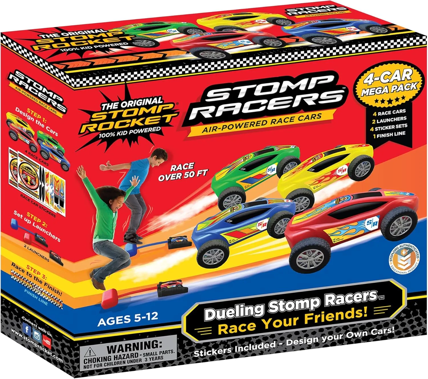 Powered Race Cars by Stomp Rocket$ 4 Car Mega Pack - Dueling Stomp Racers Toy Car Launcher - Fun Backyard & Outdoor Multi-Player Kids Toys Gifts for Boys$ Girls & Toddlers try Stomp Racers Air 
