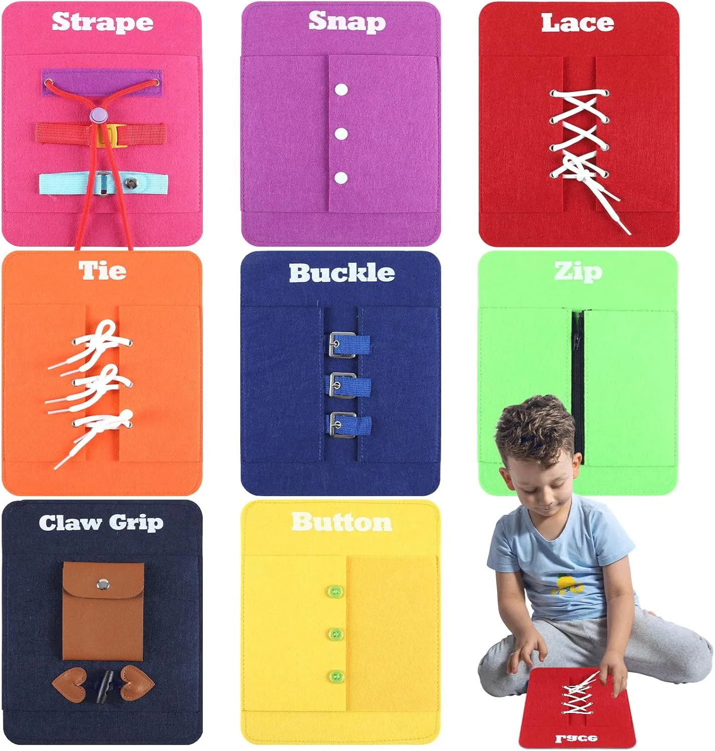 Practice Teacher Preschool Classroom Toddlers Montessori Busy Board for Kids Early Learning Basic Life Busy Board - Fine Motor Skill Toys - niche spellbind Zip, Snap, Button, Buckle, Lace, Tie, Strape and Claw Grip 