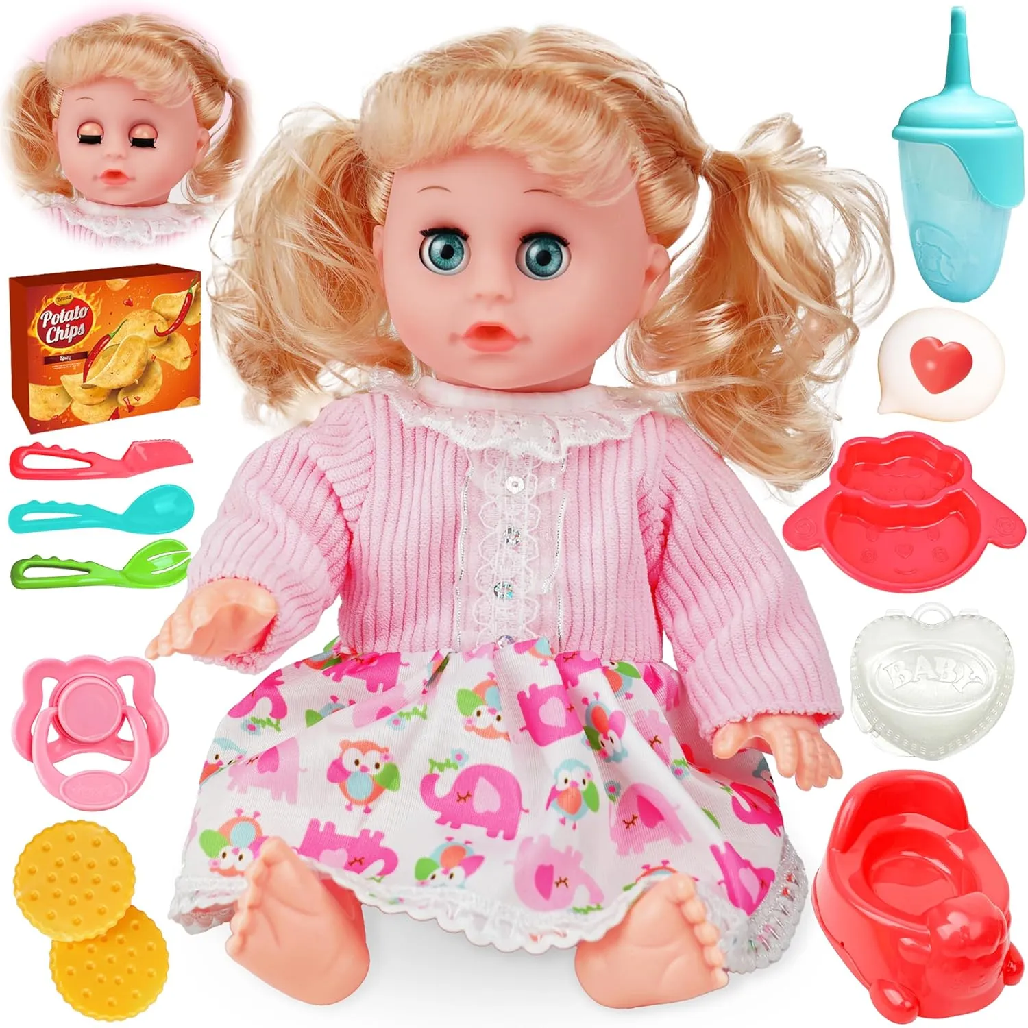 Preschool Toys for 3 4 5  Year Old Girls Boys Gift Toy Choi's Interactive Baby Doll Pink - 14 Inch Crying Talking Feeding Dolls with Open/Close Eyes,Different Sounds and Accessories - Pretend mandatory Play 
