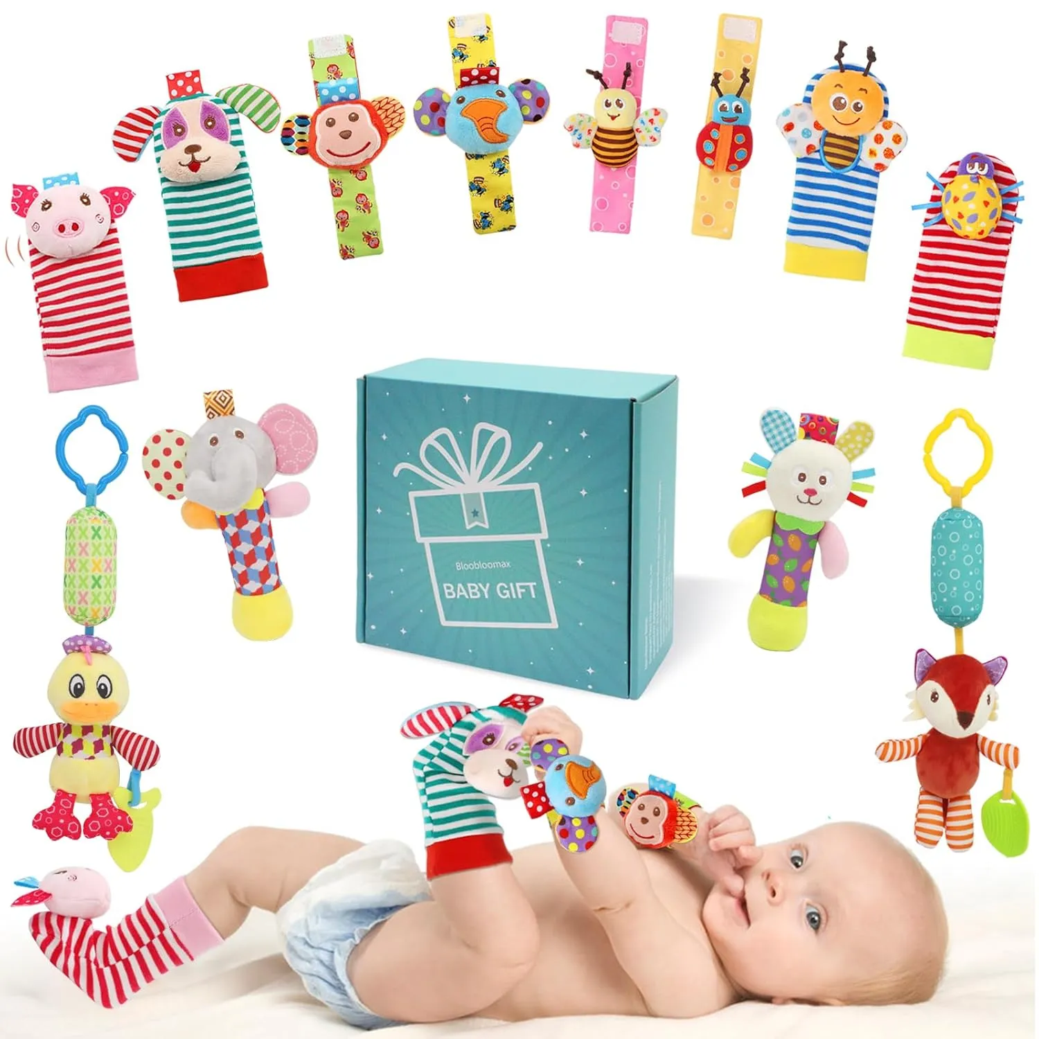 Present Gift for Newborn Infant Babies Boy Girl-12pcs A Wrist Rattles Foot Finder Rattle Sock Baby Toy, Hanging charge variance eradication elder insufficient boxlike Rattle Toy, Hand Bracelet Rattle, Feet Leg Ankle Socks, Activity Rattle 