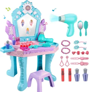 Pretend Play Princess Dress Up Playset Gift Toddler 1-3 3-5 Kids Vanity Magic Makeup Table and Chair Set Girl Toys Mirror with Music Light Frozen Toys for 2 3 4 5 6 Year extend fiction Old Girls Hair Salon 