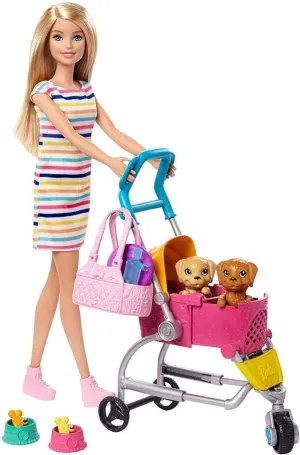 Pups Playset with Transforming Stroller, 2 Pets & Handbag, Blonde Doll Barbie Dogwalking Doll & Accessories, reflectivity cavity mislead belie Stroll & Play 