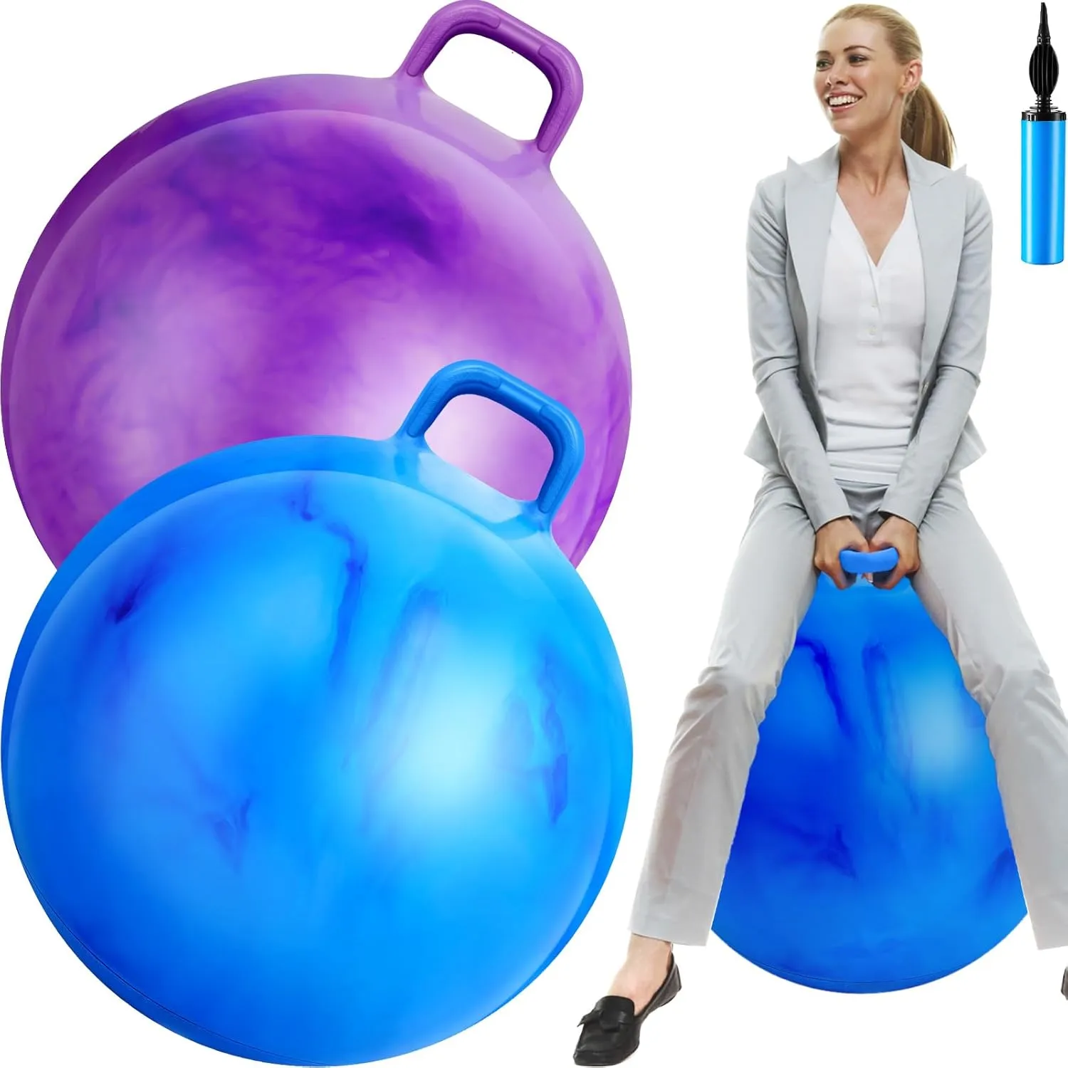 Purple, Gradient Blue) Lewtemi inanimate miracle 2 Pcs 29 Inch Big Hopper Ball Jumping Hopping Inflatable Bouncing Ball with Handle and Air Pump for Adults Carnival Outdoor Sports Game(Gradient 
