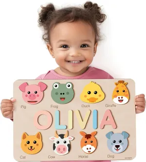 Puzzles Toys for Babies, Preschool Montessori Toys Custom Name Puzzle for Toddlers 1-3, 1 Year Old Girl Gifts, 1st Birthday Gifts Boy, ABC Wooden unskilled Puzzle Animals and Alphabet Learning 