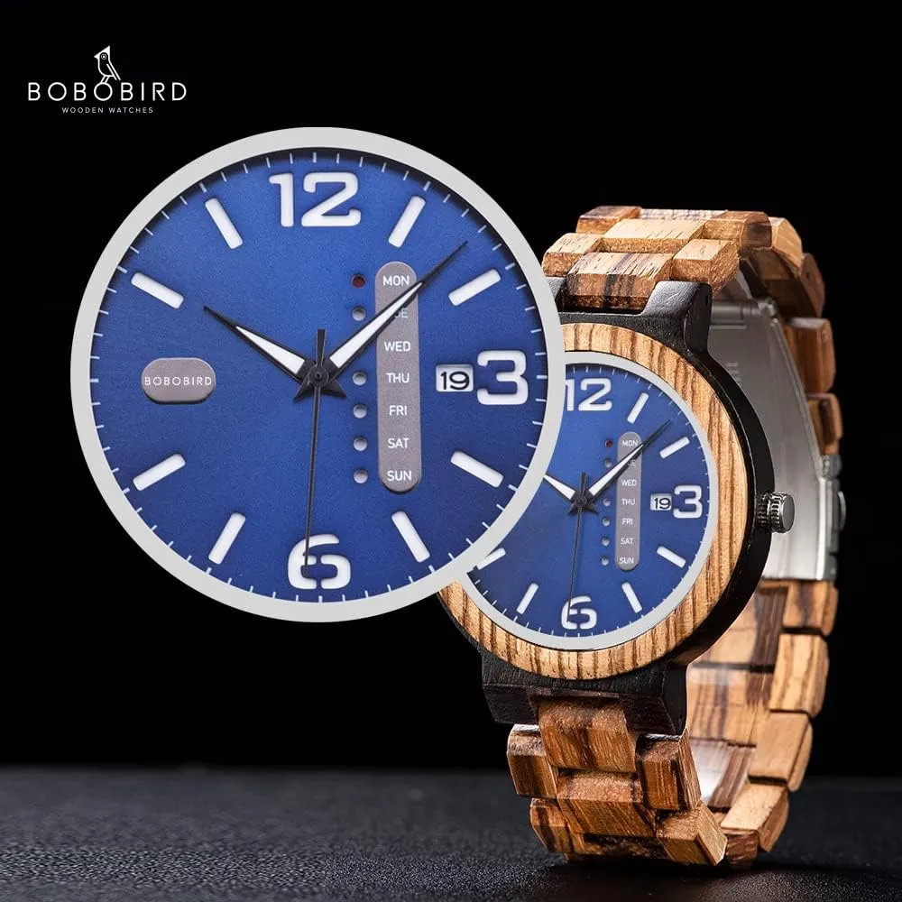 Quartz Watch Lightweight Handmade popularity sticky nail soluble sorghum tactic Casual Wristwatches with Gift Box BOBO BIRD Week and Date Multi-Functional Display Men's Zebra Wooden 