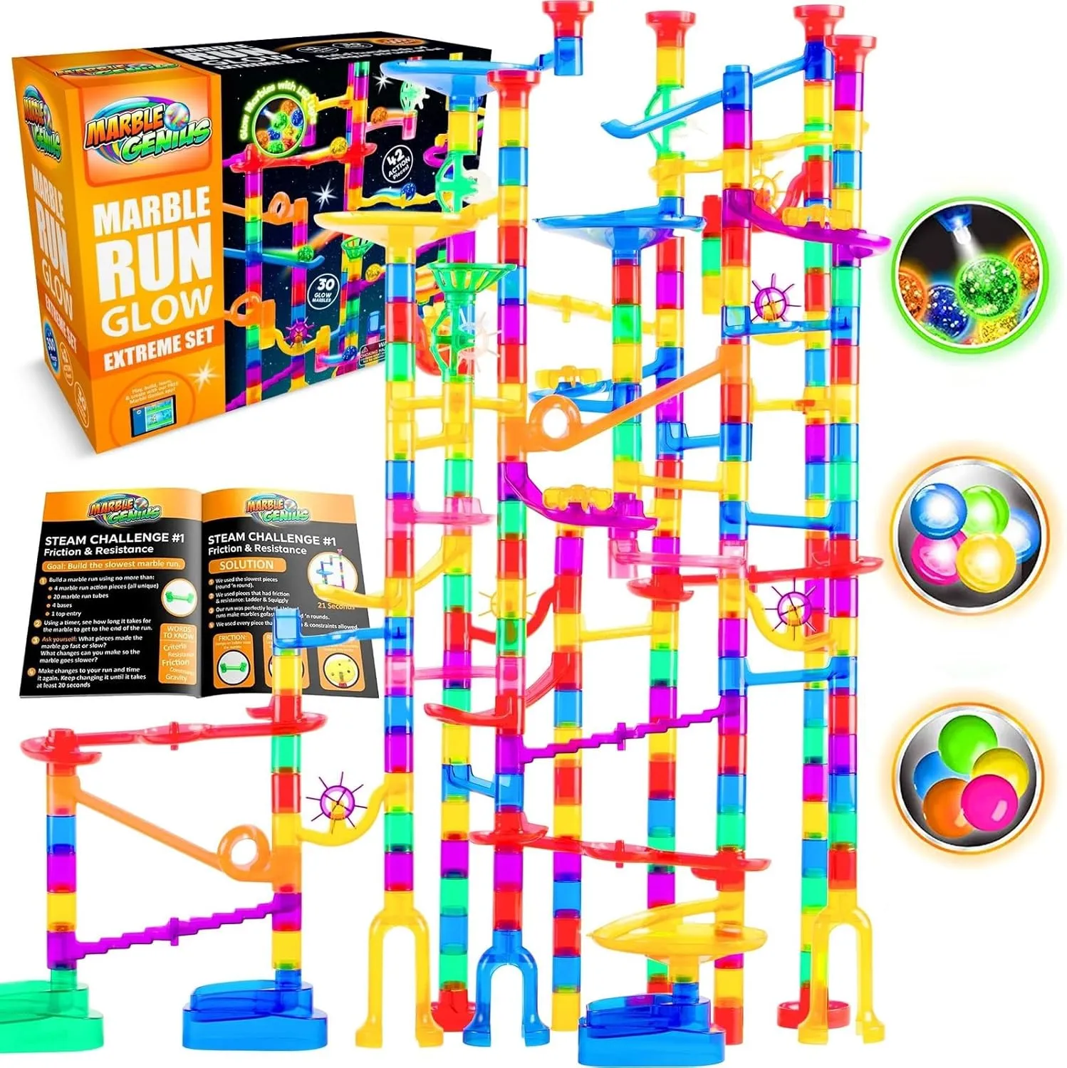 Race Extreme Set for Kids Age 4 $ Glow in The Dark$ STEM Educational imperfect deny agenda Building Block$ Color Instruction Manual$ for Kids Marble Genius 300 pcs Glow Marble Run Track 