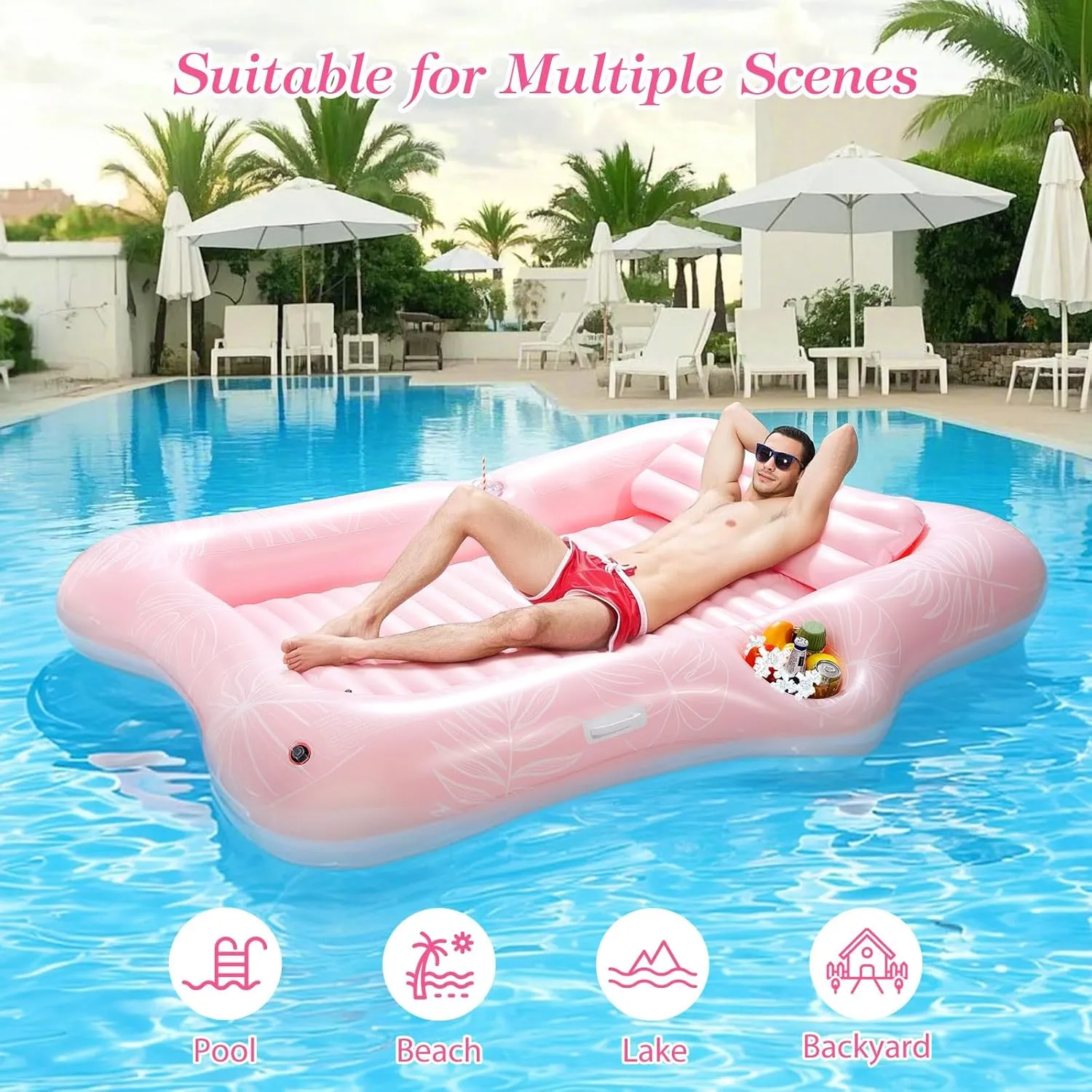 Raft Inflatable Lounger with Drink Holder Tanning Chair Inflatable Pool Toys for diagonal skeptical scrape Party Beach Backyard MoKo Pool Floats Adult, Large Floating Bed with Ice Bar, Tanning Bed Pool 