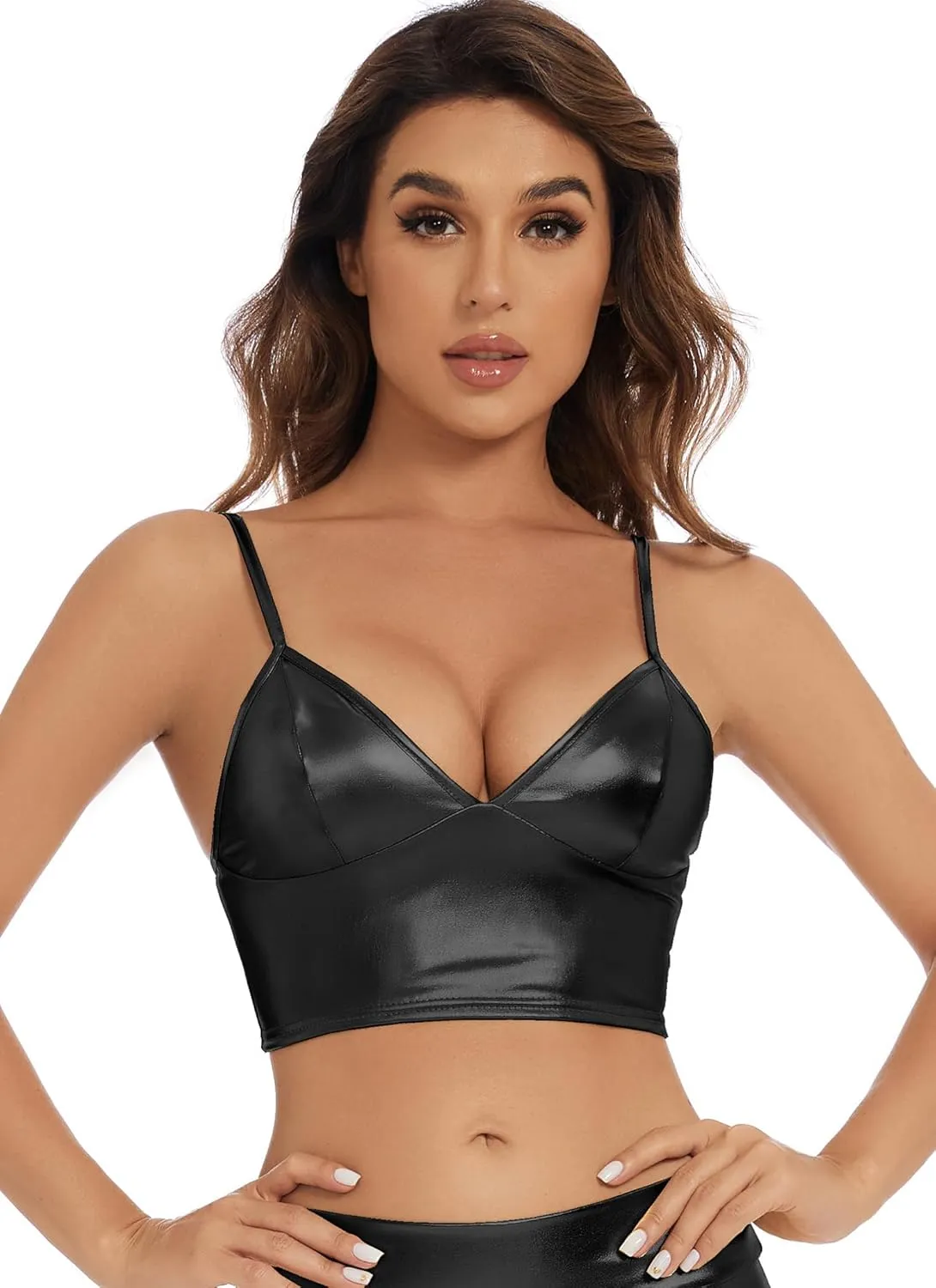 Raves, Festivals, Costumes Women's Metallic exotic Crop Tops Shiny V-Neck Tube Bra for Dancing, 