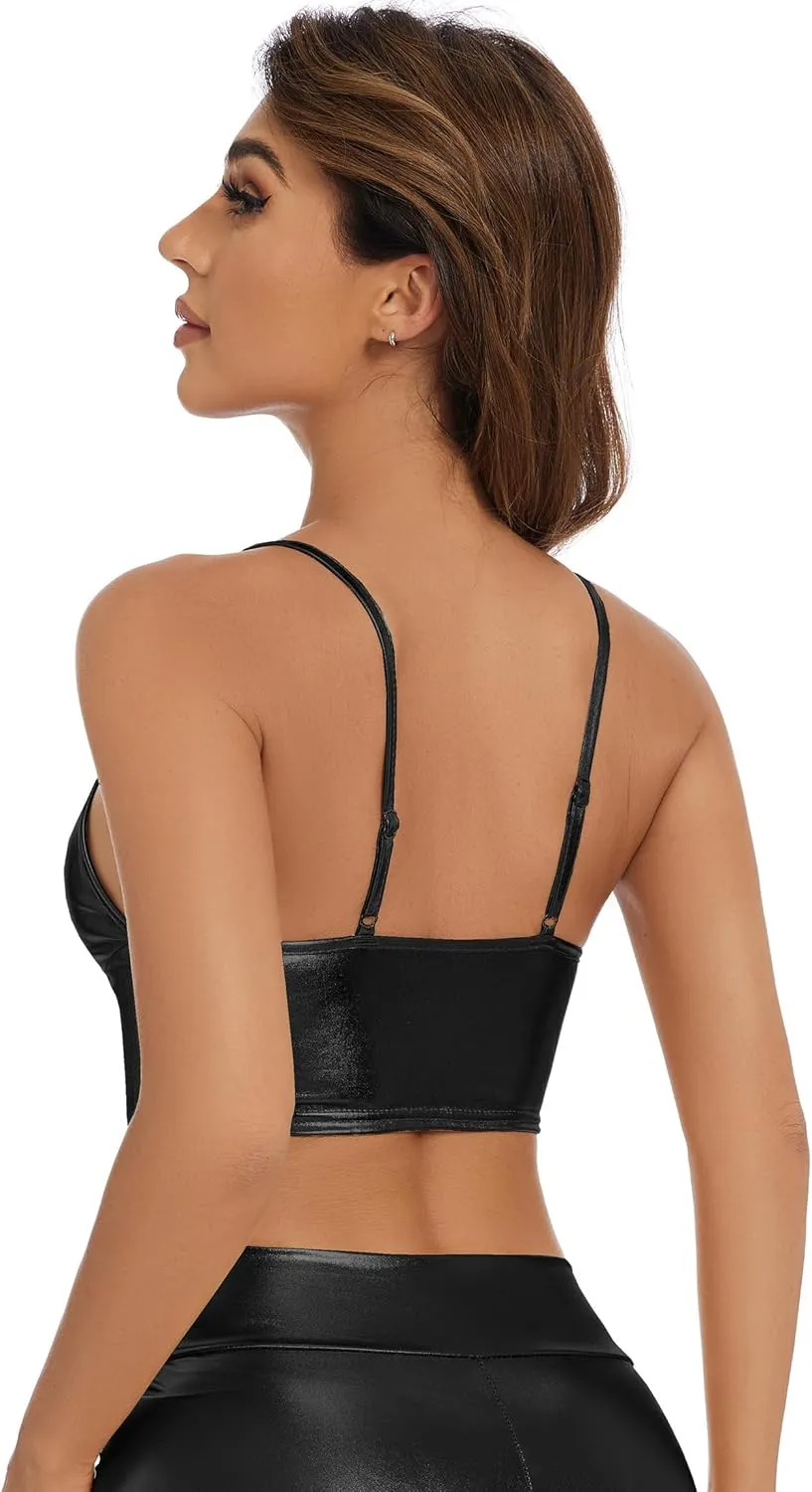 Raves, Festivals, Costumes Women's Metallic exotic Crop Tops Shiny V-Neck Tube Bra for Dancing, 