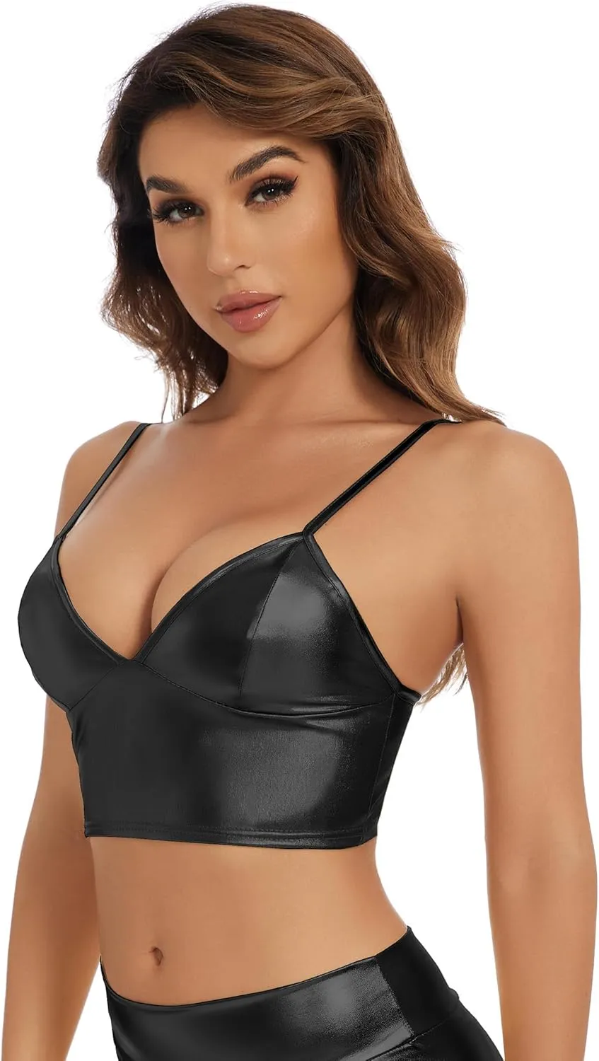 Raves, Festivals, Costumes Women's Metallic exotic Crop Tops Shiny V-Neck Tube Bra for Dancing, 