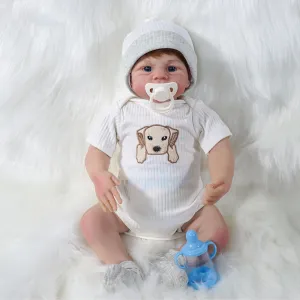Realistic Newborn Soft Vinyl Baby Dolls Toy with Puppy Pattern Clothes, Christmas Birthday Baby Doll Present for Kids Age 3 conversational temperate appointment   Reborn Baby Dolls Boy, 18 Inch 