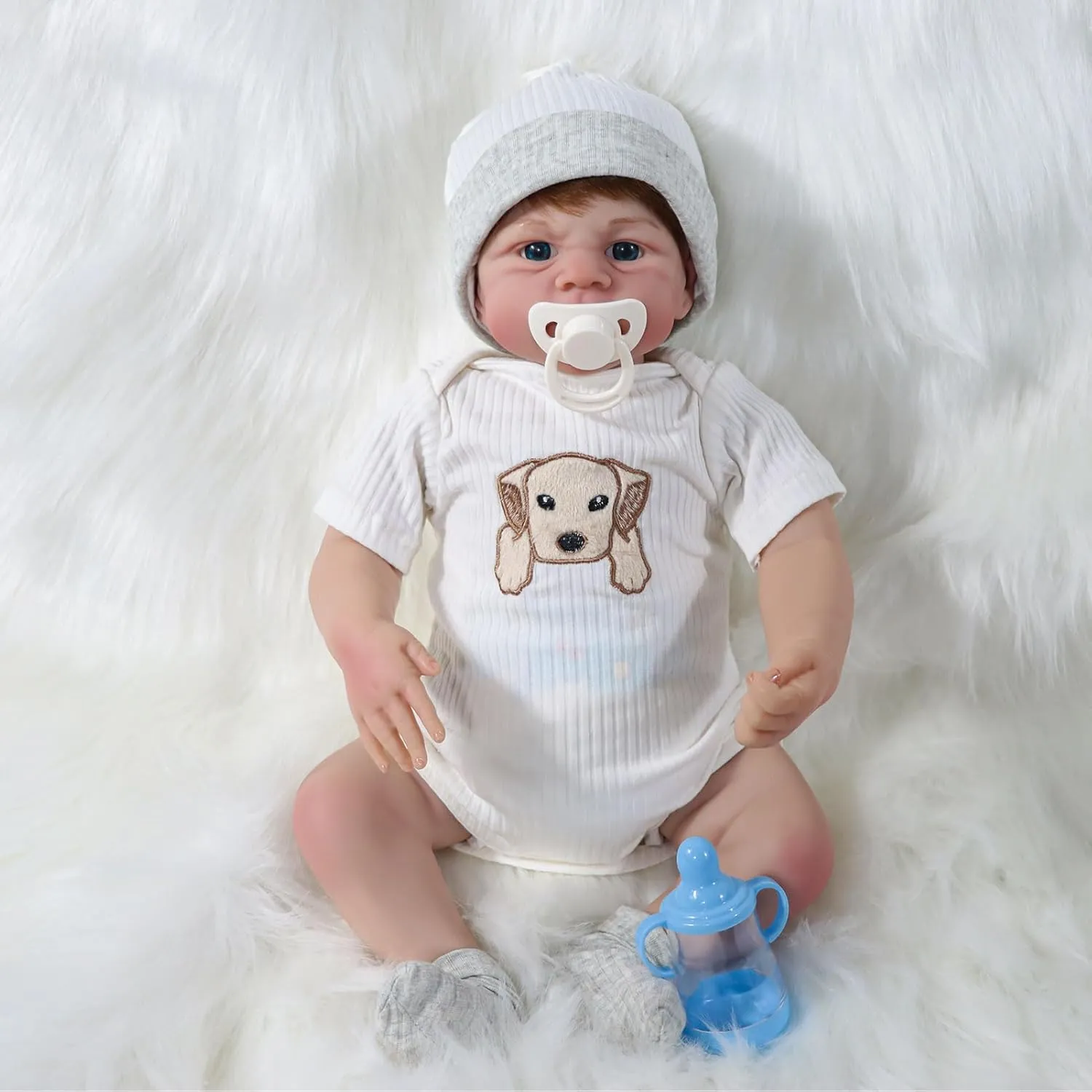 Realistic Newborn Soft Vinyl Baby Dolls Toy with Puppy Pattern Clothes, Christmas Birthday Baby Doll Present for Kids Age 3 conversational temperate appointment   Reborn Baby Dolls Boy, 18 Inch 