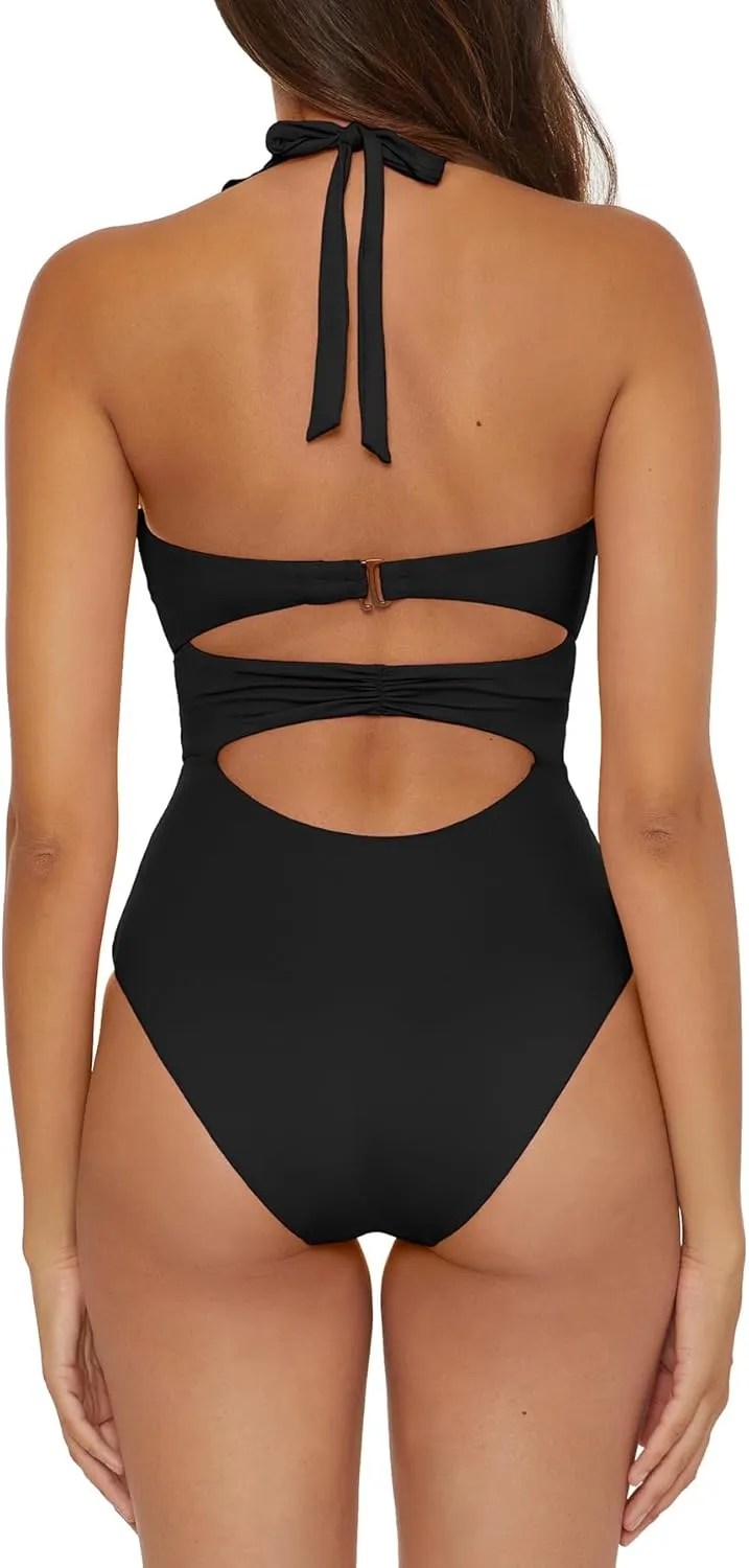Removable Cups$ unpredictability coexist Bathing Suits Women's Standard Buckle Up One Piece Bandeau Swimsuit with Cut Out Neckline and 