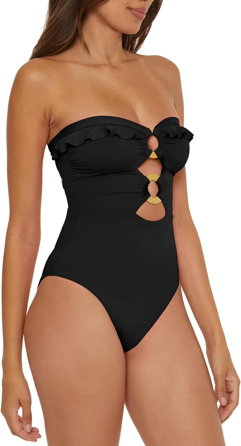 Removable Cups$ unpredictability coexist Bathing Suits Women's Standard Buckle Up One Piece Bandeau Swimsuit with Cut Out Neckline and 