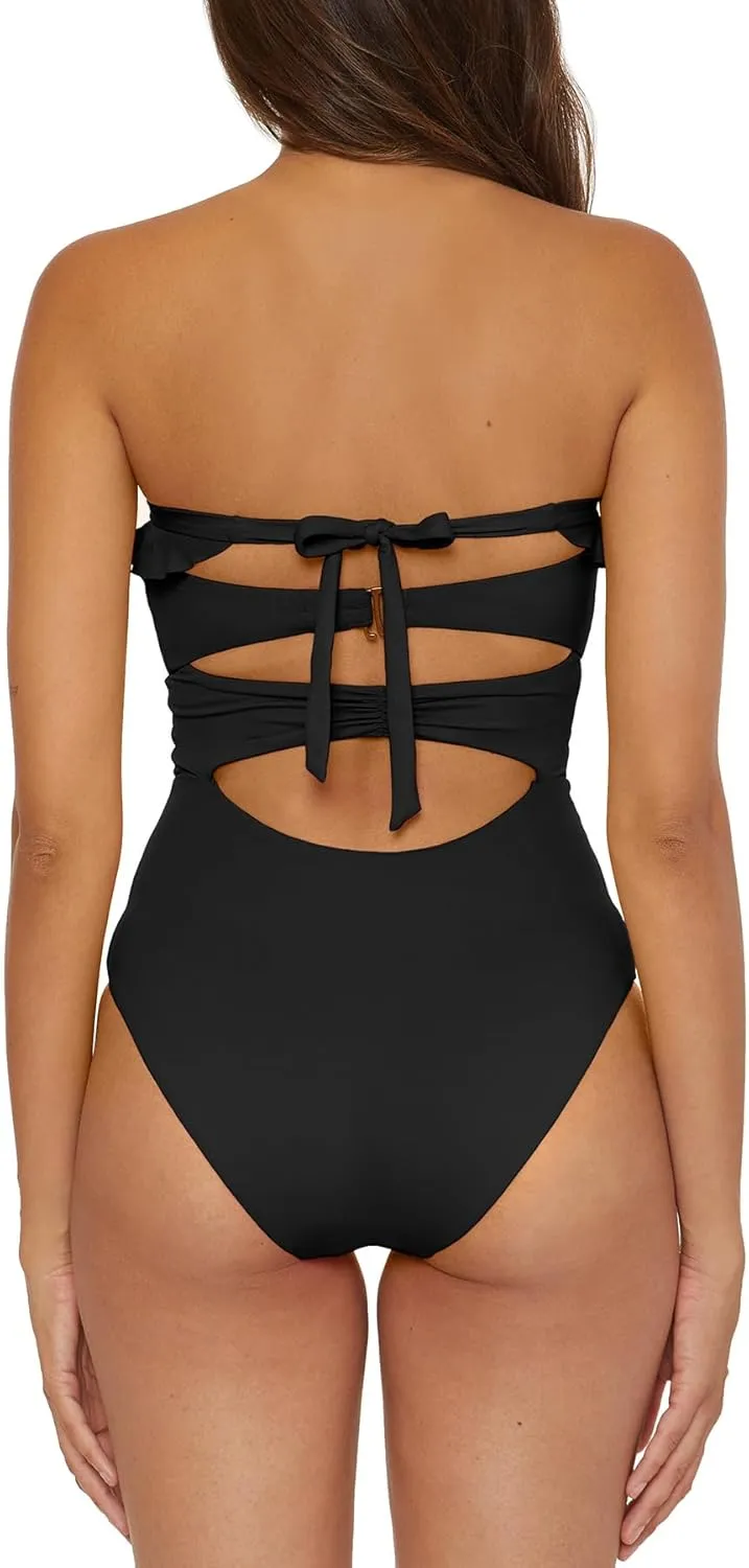 Removable Cups$ unpredictability coexist Bathing Suits Women's Standard Buckle Up One Piece Bandeau Swimsuit with Cut Out Neckline and 