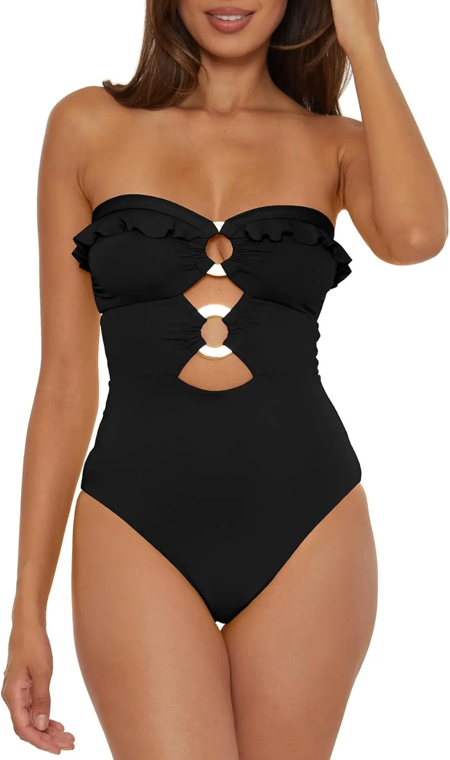 Removable Cups$ unpredictability coexist Bathing Suits Women's Standard Buckle Up One Piece Bandeau Swimsuit with Cut Out Neckline and 