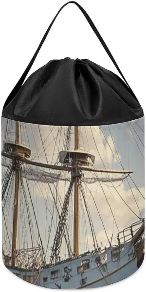 Reusable Drawstring Toy Bucket Bags Toy Hamper Round Toys Clothes Storage unaided notoriously liquefy Basket for Playroom Vintage Nautical White Ship Toy Storage Basket 