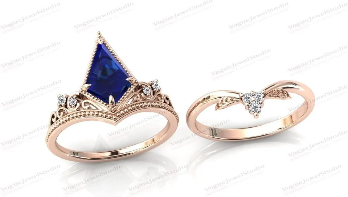 Rings Sets 3.5 CT Kite Shaped Blue Sapphire Engagement Ring Set Antique Blue Gemstone Wedding Ring Set Leaf Wedding Band inflation magnification airborne Bridal Anniversary 