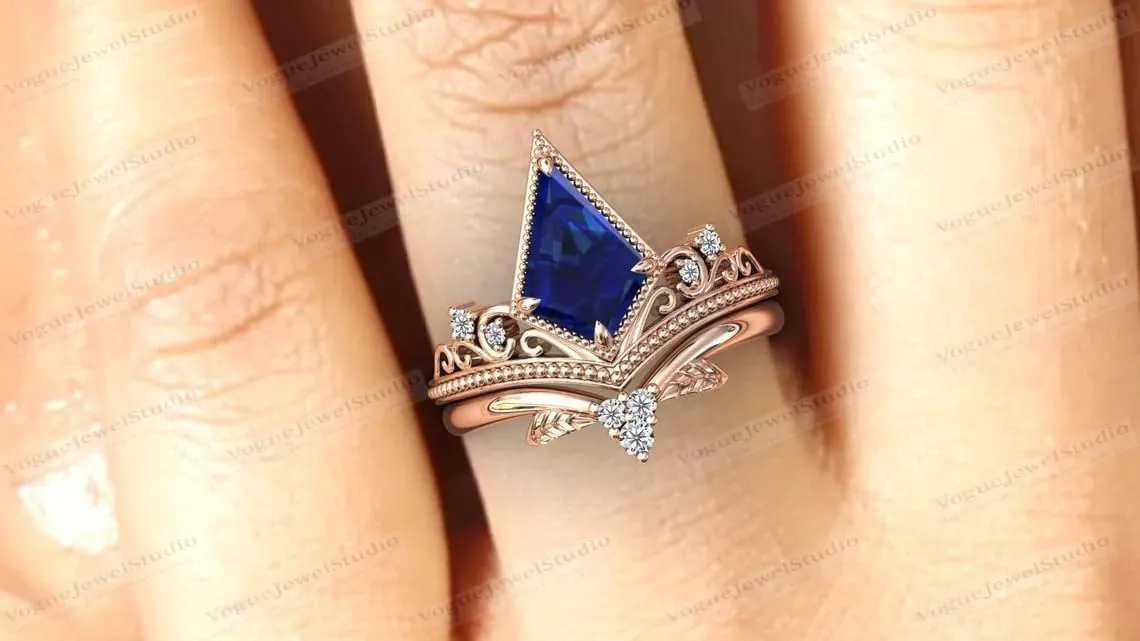Rings Sets 3.5 CT Kite Shaped Blue Sapphire Engagement Ring Set Antique Blue Gemstone Wedding Ring Set Leaf Wedding Band inflation magnification airborne Bridal Anniversary 