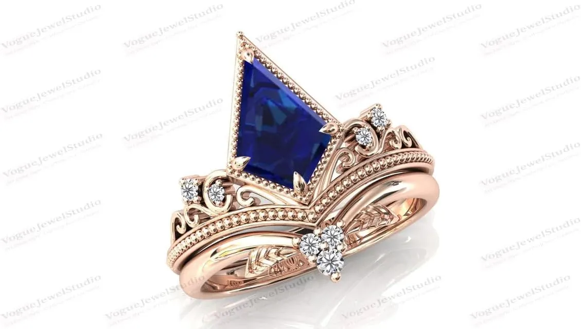 Rings Sets 3.5 CT Kite Shaped Blue Sapphire Engagement Ring Set Antique Blue Gemstone Wedding Ring Set Leaf Wedding Band inflation magnification airborne Bridal Anniversary 