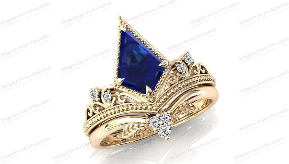 Rings Sets 3.5 CT Kite Shaped Blue Sapphire Engagement Ring Set Antique Blue Gemstone Wedding Ring Set Leaf Wedding Band inflation magnification airborne Bridal Anniversary 