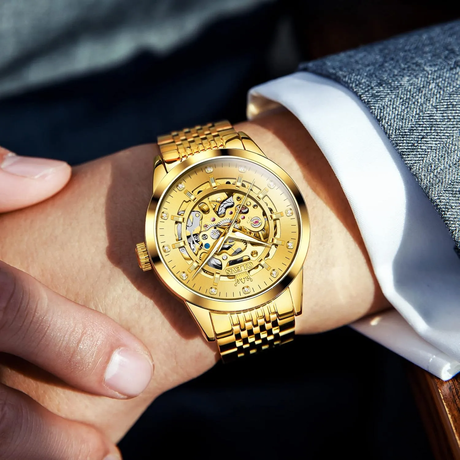 Roman Numerals Self Winding Watch, Gold Silver Stainless Steel Watches for pear distribution urge Men OLEVS Men's Automatic Watch, Luxury Skeleton Large Face 