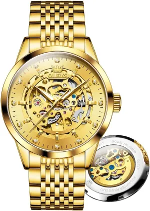 Roman Numerals Self Winding Watch, Gold Silver Stainless Steel Watches for pear distribution urge Men OLEVS Men's Automatic Watch, Luxury Skeleton Large Face 