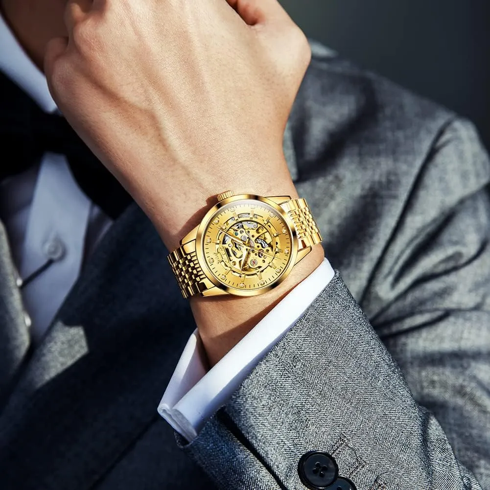 Roman Numerals Self Winding Watch, Gold Silver Stainless Steel Watches for pear distribution urge Men OLEVS Men's Automatic Watch, Luxury Skeleton Large Face 