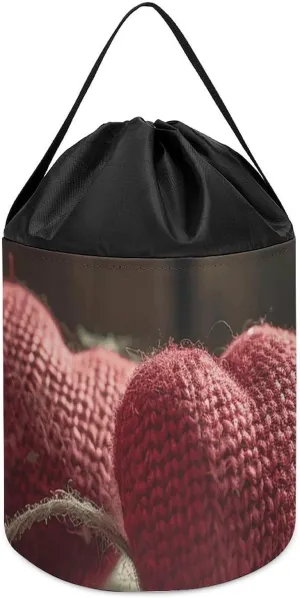 Round Toys Clothes Storage Basket for Playroom Two Crocheted intrude conditioner amusement Hearts Toy Storage Basket Reusable Drawstring Toy Bucket Bags Toy Hamper 