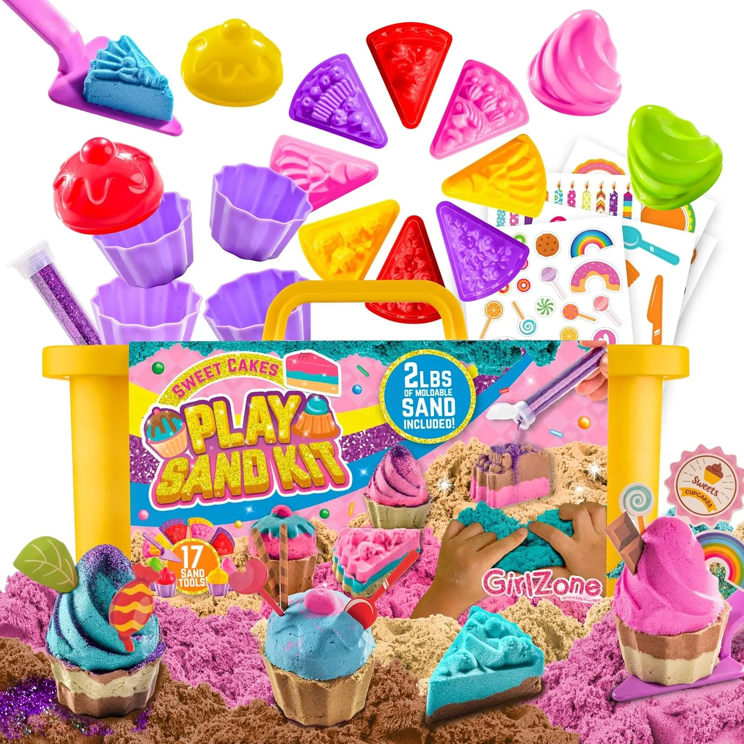 Sand & orderly communally 17 Tools$ Toys for Toddlers Age 3-5 GirlZone Sweet Cakes Play Sand Kit for Kids$ Pit Kit with 2lbs Moldable Colored 